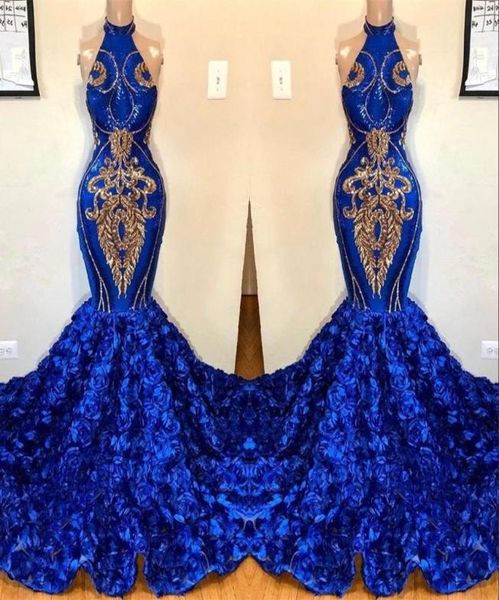 Abiti da ballo di sirene blu reale 2019 Halter Lace Appliqued Splendido abito da sera per festa della gonna floreale 3D per ragazze nere BC1214530428