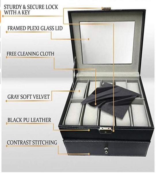 Cuscino Organizzatore della scatola di orologi Custodia 20 slot Luxury Premium Case di vetrina con vetro incorniciato Elegante cucitura a contrasto STURDE STURDY S70755829626