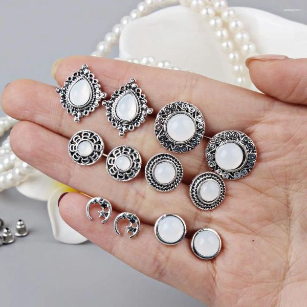 Brincos de pântano 6Pairs/Set for Women Women Vintage Silver Color Trendy Opal Water-thop redondo pequenas jóias de orelhas retrô Aretes de Mujer