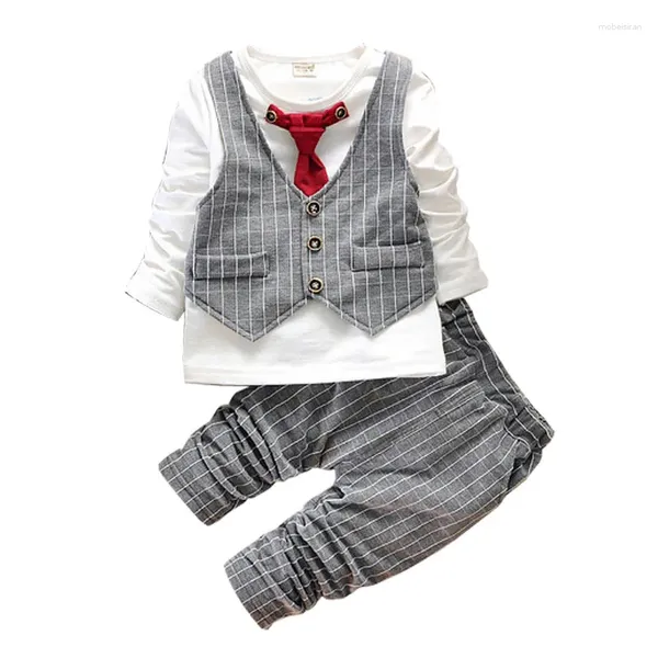 Kleidungssets Baby Boy Spring 2pcs Kleidung Gentleman Anzug Kleinkindjungen Krawatten Set Langarmplaid T-Shirt Hosen