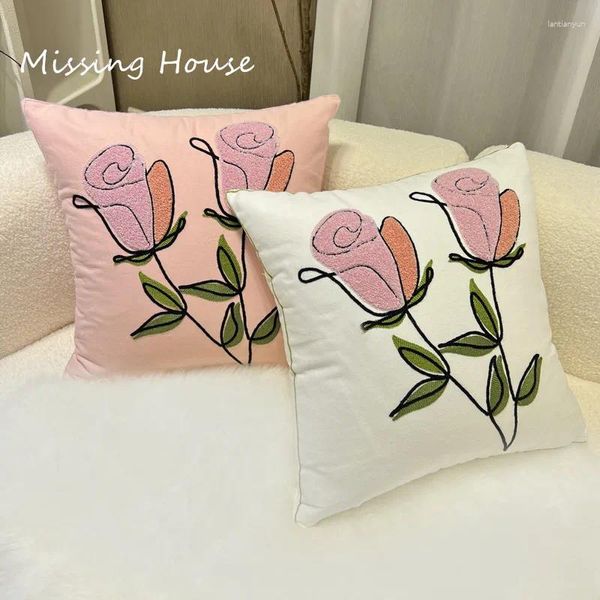 Cuscino cartone animato vasi floreali di rosa tulipani ricamato a federe posteriore cotone casual cotone divano divano camera da letto decor 45x45cm