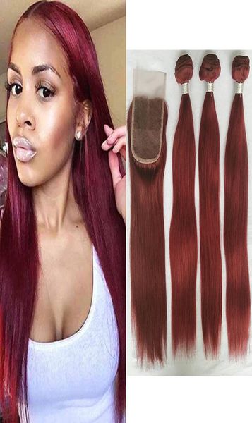 Vinho da Borgonha Vermelho 99J Cabelo virgem reto 3 Pactles com 4x4 Fechamento de renda do meio da parte do meio do bebê Malásia Baby Human Hair Weaves E9521987