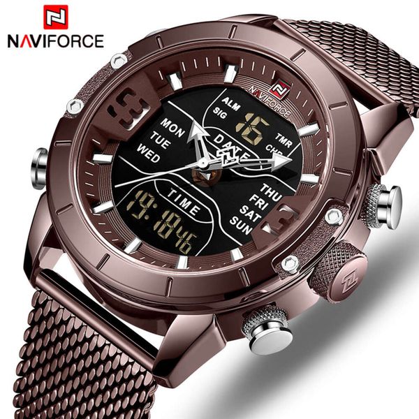 Naviforce Wristwatches Naviforce Assista Top Luxury Brand Men Militar Quartz Relógio de malha de aço inoxidável Relógios digitais de alto relógio masculino de alta qualidade