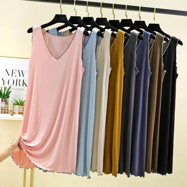 Sıradan Elbiseler Modal V-Beeck Tank Üst Elbise Yaz Kadınlar Sundress Artı Boyut Gevşek Sleepdress Orta Uzunlukta Düz Renk Yenilebilir Ağaç