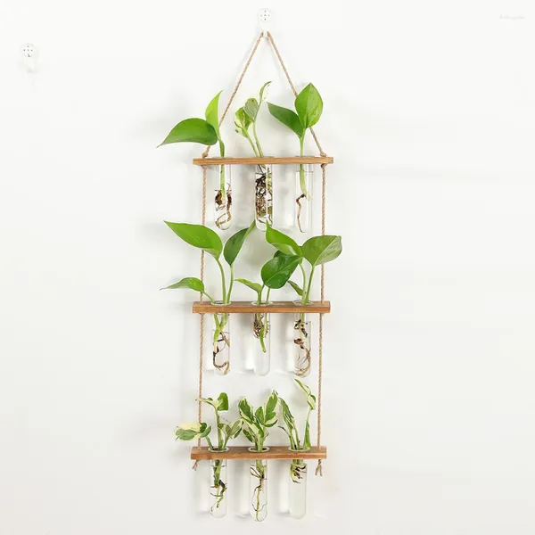 Vasi a 3 muro a muro di appendere il tubo di prova Terrarium con supporto in legno purificare la stazione di propagazione di piante eleganti staccabile