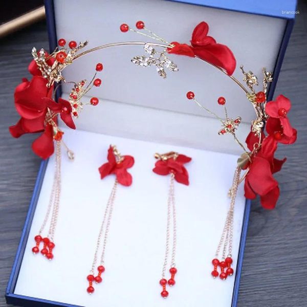 Halskette Ohrringe Set rote Blumenbrauttiaras Stirnband Frauen Kopfstücke Hochzeitskronen Ohrring Schmuck Haarzubehör Accessoires