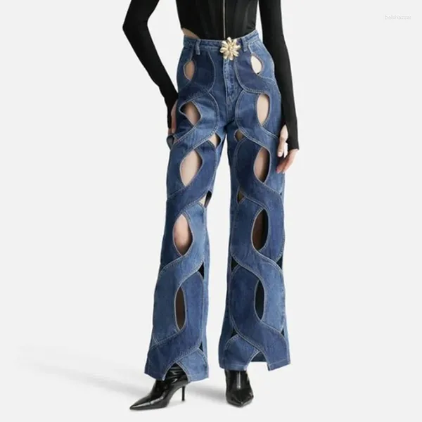 Женские джинсы мода INS Women Streetwear вырезана в пустоте Criss Cross Straight Flare Denim Pants 2024 Женские брюки для ног.