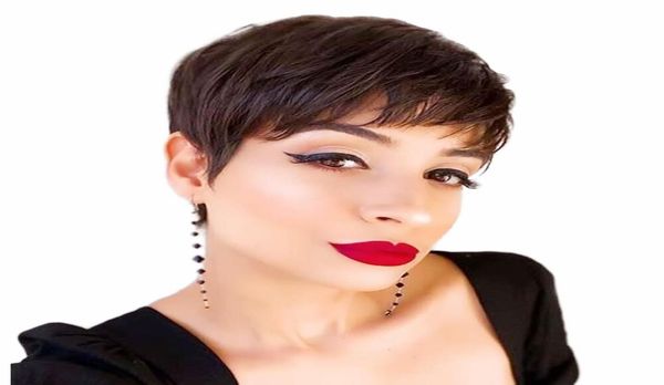 Прямые человеческие парики с челкой бразильская девственная волоса Pixie Pixie Cut Wig Natural Color Короткий парик Bobhair для Black Women4134838