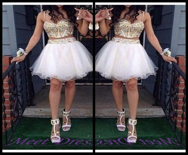 2020 vestidos de baile de duas peças baratos vestidos de regresso a casa com tiras de miçangas douradas Tulle White Short Prom Vestor Sweet 16 GOWN1083787