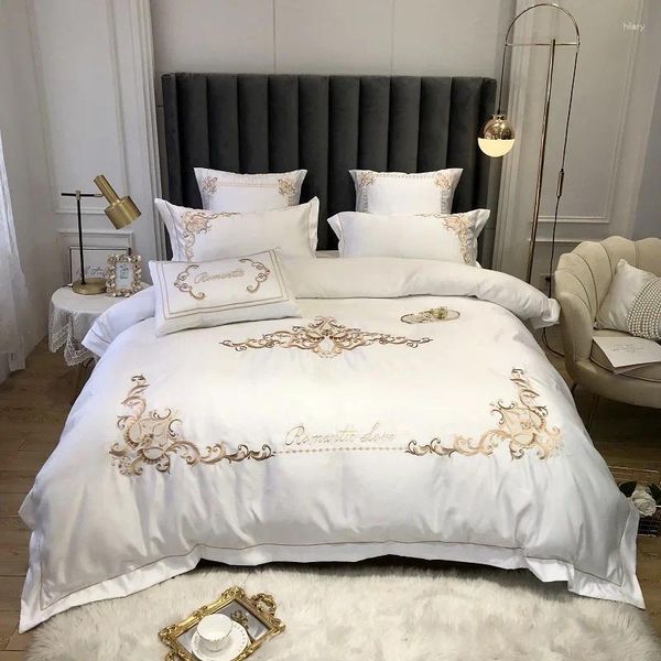 Set di biancheria da letto eleganti ricami bianchi da 60s set di seta in seta di seta di seta di cotone in raso da letti in letti con letti da letto