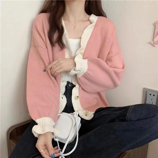 Maglieria da donna a V-Neck Pink Cardigan Knit Tops for Woman Kawaii Green Cute Sweater Winter Pulsante e offre vendita