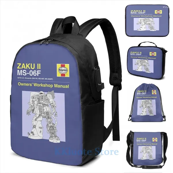 Rucksack lustiger Grafikdruck Gundam - Zaku II -Bedienungshandbuch USB -Ladung Männer Schultaschen Frauen Bag Travel Laptop