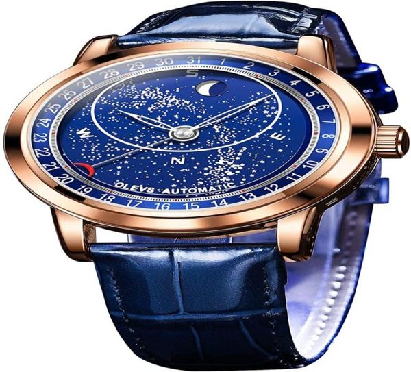 Männer039s Sky Moon Watch Automatisches mechanisches blaues Leder Luxuskleid Wasserdichte leuchtende Handgelenk Uhres2885709