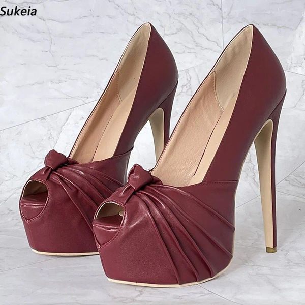 Отсуть обувь Sukeia Женщины весенние насосы Faux Leather Slip On Peep Toe Sexy Stiletto Heels Burgundy Party Lady US Plus 5-20