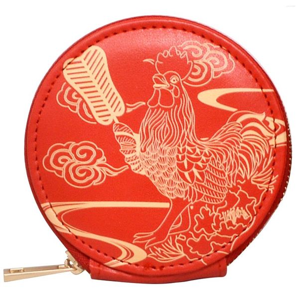 Aufbewahrungstaschen Feng Shui Rooster Coin Wallet Serie Reißversiegelte PU Lederbeutel Clutch Red Top Wallet/Schlüsselhülle