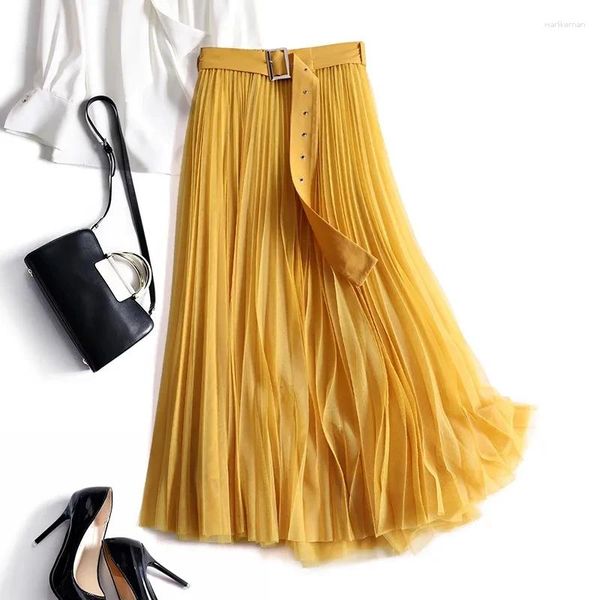 Юбка длинная юбка из тюля женщин с высокой талией желтая красная сетка весна лето миди-а-линия плиссированная женская jupe longue