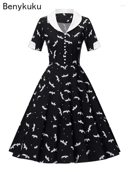 Vestidos de festa PRIMAGEM DE BUBELA 3XL 4XL Halloween Gothic Mulheres botão com manga curta Goth Roupes vintage Black Retro Swing Midi