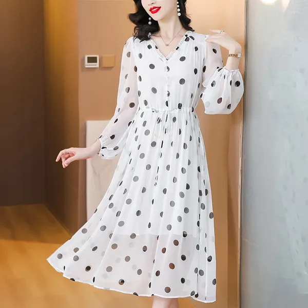 Abiti casuali Spring Women Women Boho Beach Silk Dot Vestidos Luxidos Vestite Corea Elegante abito midi 2024 White Dance Party