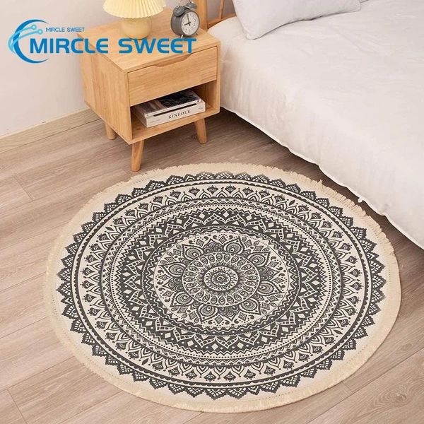 Tapete de tapete preto redondo boho mandala tecida Área de algodão lavável chique chique em termos de tapete círculo de táxis para sala de estar quarto de quarto crianças