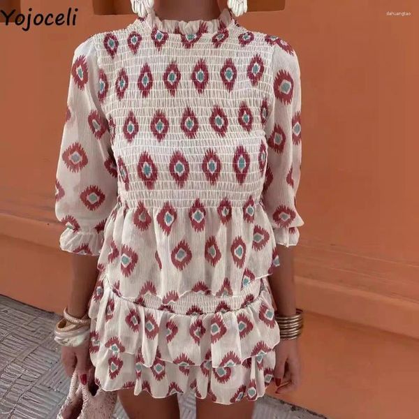 Abiti casual Yojoceli Summer Women Stampa vestito in chiffon 2 pezzi Set Beach Shirring Fitness Ruffle Spring Short Short Sump