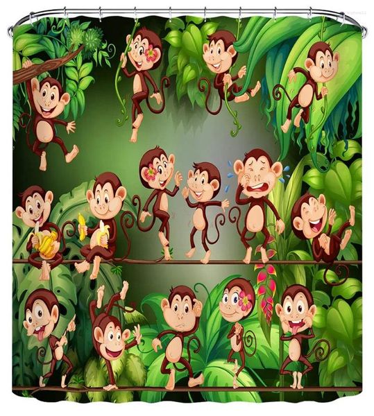 Cortinas de chuveiro macacos fofos no tema dos animais do desenho animado de cortina da selva