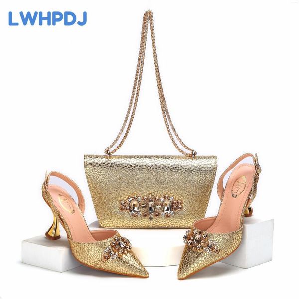 Kleiderschuhe 2024 Est Ins Style Gold Farbe Elegante High Heels Nigeria Design Afrikanische Damen Matching Bag Set