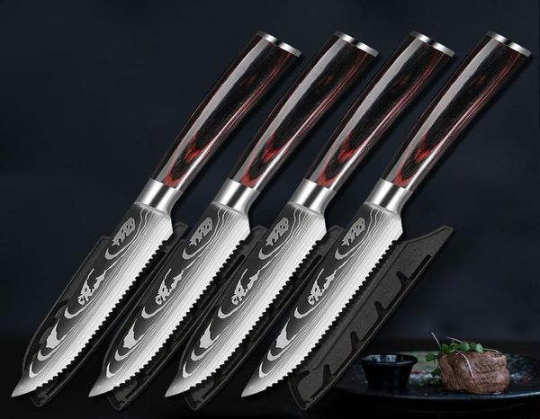 Gezackte Steakmesser Damaskus Muster 7CR17 Edelstahl Obst Rindfleisch Cleaver Abendessen Besteck Tischmesser Holzgriff Spülung2027791