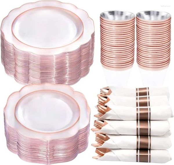 Einweg -Geschirr 350pcs Roségoldplatten - Pre -Rolled Servietten und Kunststoff Silber Clear Rim