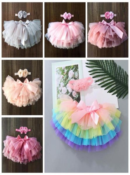 Bebek kız etekler bebek kız tutu etek kafa bandı 2pcs set yenidoğan tül yay bloomers gökkuşağı kısa elbise çocuk bezi kapak 11 colo6204014