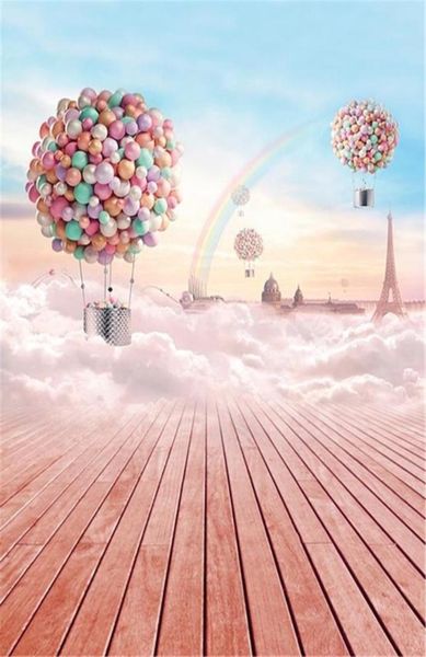 Rosa Holzboden Regenbogen -Pofral -Hintergrund Bunte Luftballons Eiffelturm Blau Himmel Dicke Wolken Neugeborene Baby Digitale Hintergründe 4228093