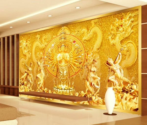 Gold Buddha Po Papel de parede de parede personalizados Murais de parede 3D Avalokitesvara Wallpaper Room de estar da sala de arte Decoração de casa decoração de casa3761503