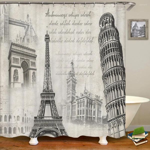 Cortinas de chuveiro cenário europeu Paisagem 3D Cortina impressa Faixa à prova d'água Paris Tower Banheiro Decoração de casa com ganchos