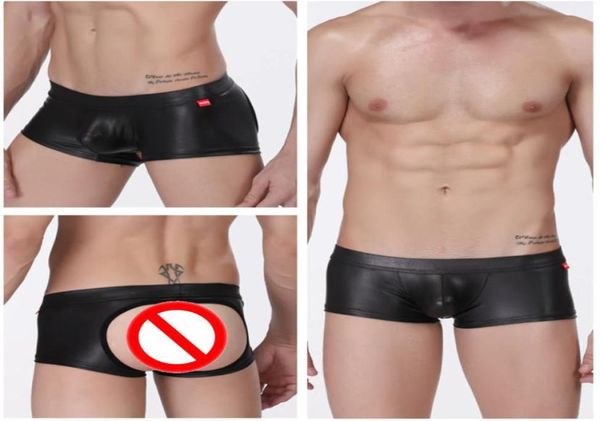 Masculino Sexy Lingerie Patent Leather Rouphe Boxers Briefs Latex Thong Black Hollow Out New Design Men Fashion calça Shorts B0410021655946