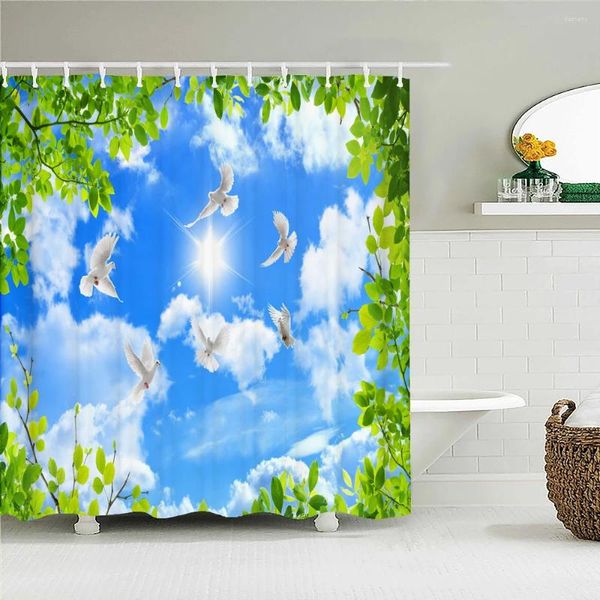 Tende da doccia Sunny Blue Sky White Nubbie Tenda paesaggistica con ganci in tessuto impermeabile Bitti di piccione Scenery Decor Bathroom