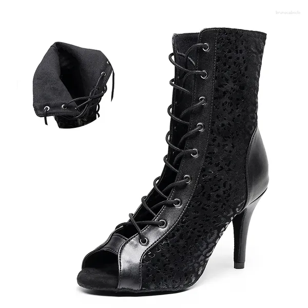 Dance Scarpe Women High Top Top Latin Black Leopard Hgih Tacco da ballo Stivali salsa per ragazze gregge Pratice Modern