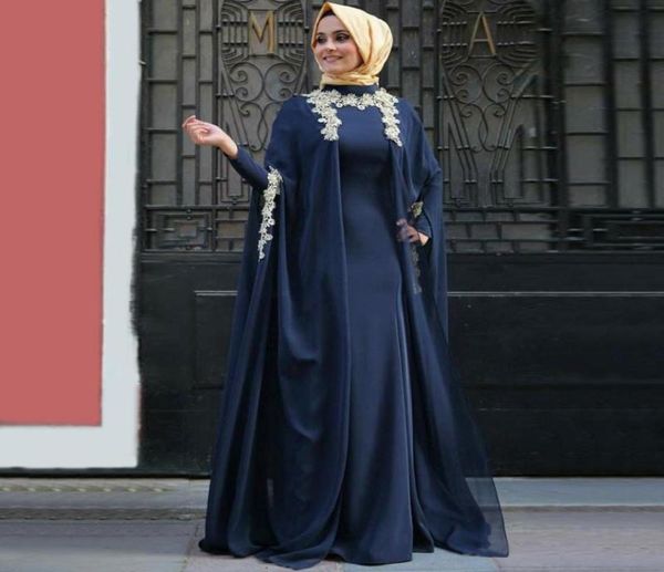 2019 mais novo Royal Blue Chiffon mangas compridas vestidos de noite árabe moda abaya em dubai muçulmano marroquino kaftan formal vestido wi4835480