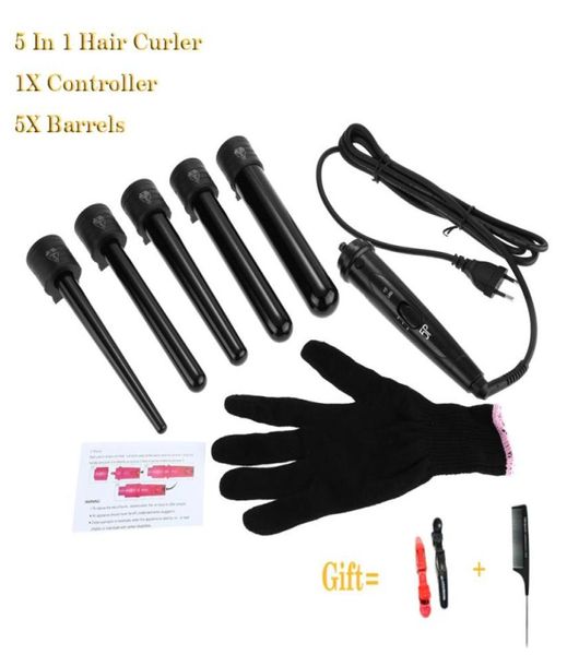 Pro 5pcs Turmaline Cerâmica Barrals Cone Curling Curling Wand 5in1 Ferramentas de estilo de cabelo de ondas