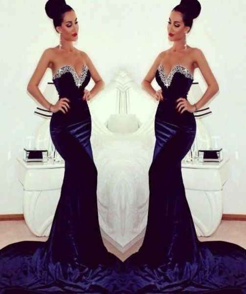 Top -Selling 2014 Winter Sweetart Pailletten Abendkleider Sweep Train Mermaid Prom Kleider Reißverschluss Rücken Samt Navy Blue Prom Kleid 9001365