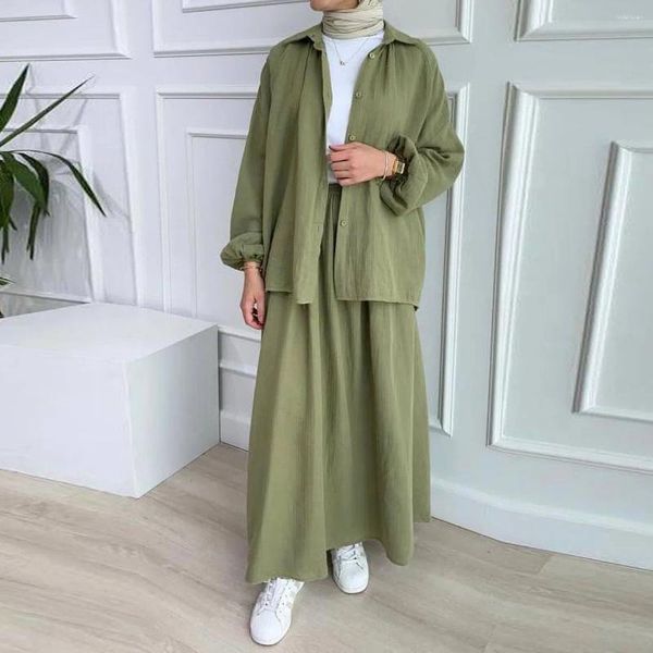 Ethnische Kleidung lässig Puff-Ärmel-Hemd Muslim Sets drehen Kragen mit einer Briefe Weitbein Hose-Anzüge Frauen Matching-Set nach unten