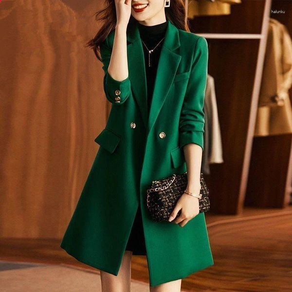 Ternos femininos S-4xl Meninas Blazer de Blazer longa Long Double Bastest Slim Spring Spring Autumn Office Casual Work Plus Tamanho Chaque verde preto