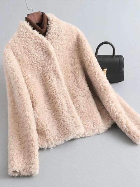 Pêlo feminino pequeno colar de colarinho de colarinho de colarinho cortado jaqueta de lã de caxemira de cashmere estilo curto 2024 casaco integrado jovem