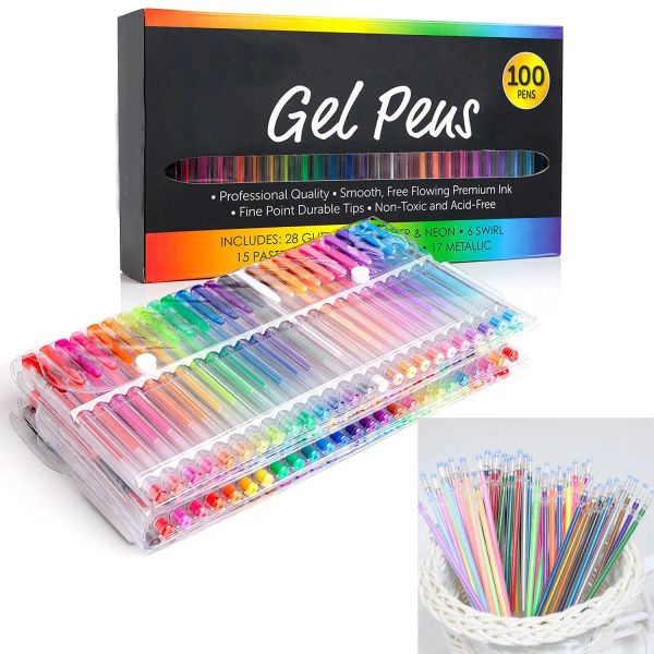 Stifte 100 Farben Gel Stift Set Glitter Stift, Glitzer, neonfarbene Kugelschalterstifte für Erwachsene Malbuch Doodle DIY Grußkarte Malerei