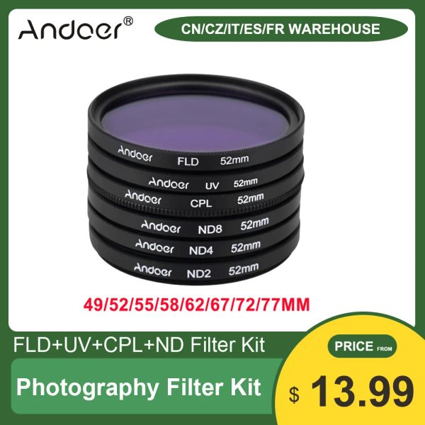 Acessórios AndOer UV+CPL+FLD+ND (ND2 ND4 ND8) Kit de filtro de fotografia Conjunto para Nikon Canon Sony Pentax DSLRS 52mm/49/55/58mm/62/67/72/77mm