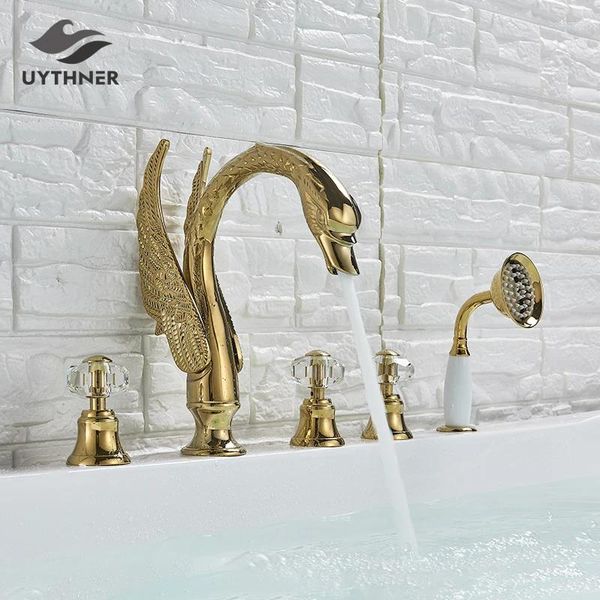 Banyo Lavabo Muslukları Lüks Altın Musluk Havzası Karıştırıcı El Duş Banyosu ile Tap Swan Stil Kapı Su