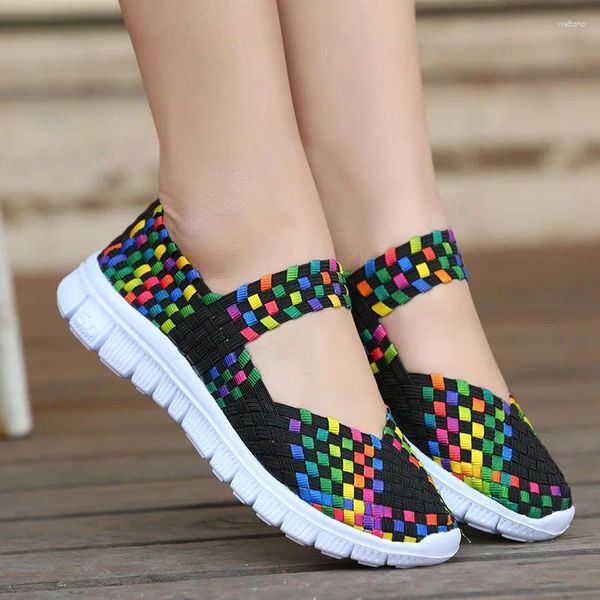 Casual Schuhe Größe 43 Frauen 2024 Mode Elastic Band Webe für Komfort Flats Nicht -Slip -Laibers Zapatos de Mujer