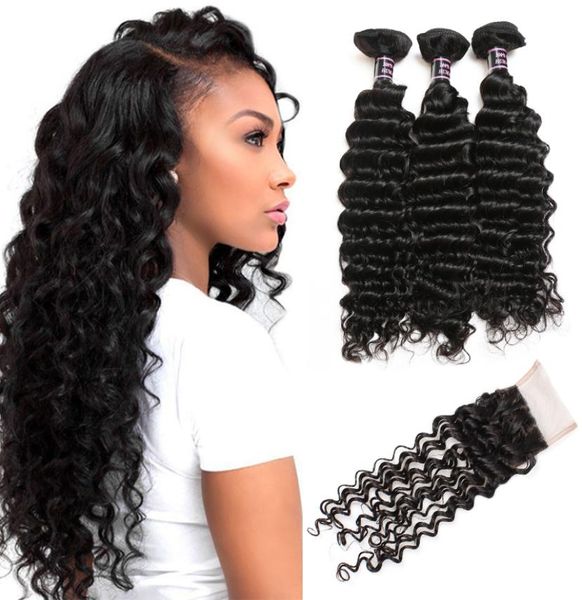 ISHOW 10A Brasiliana Deep Wave Curly 4 bundle con chiusura peruviane Malaysian Extensioni per capelli umani per donne Girls Tutte le età Nature5546110