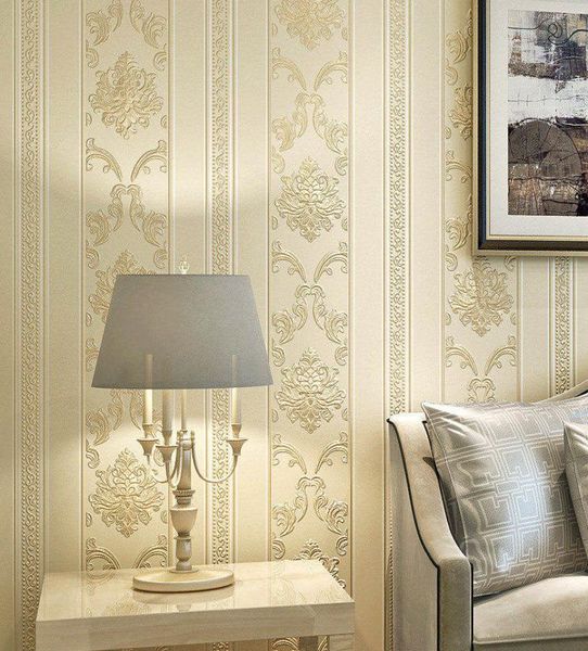 Discorri moderni di case di lusso Damask a strisce europea sfondo damasco per pareti soggiorno in rilievo grigio grigio rotoli di carta da parete beige 4068781