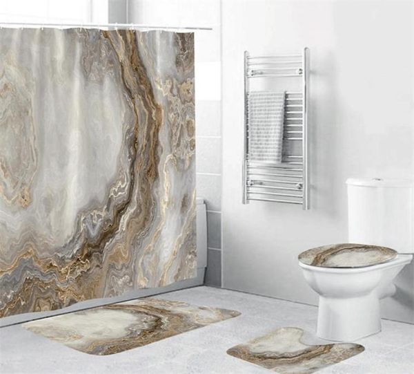 Marmor weißer Duschvorhang Set mit Nicht -Teppich -Badematte Teppich moderner Badezimmer Vorhänge Toilettendeckel Home Dekoration 2205055071836