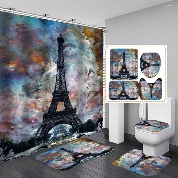 Tende doccia eiffel tower pattern paesaggio architettura tende set impermeabile non tappeto non slip wilet 4 titoli decorazioni per la casa da bagno