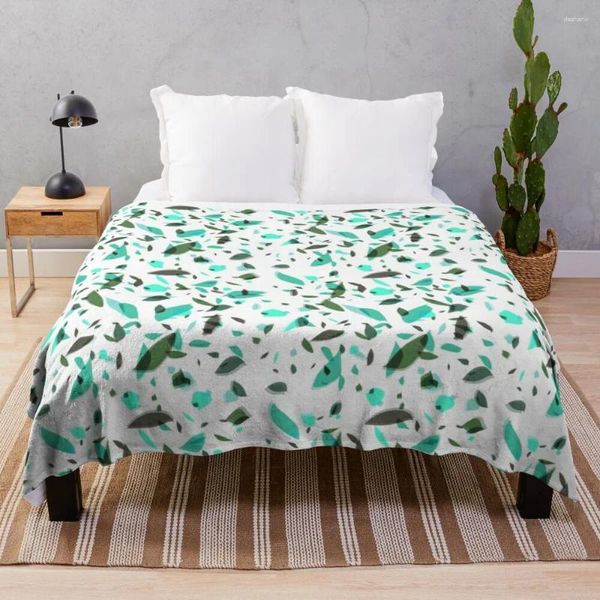 Coperte foglie verdi e turchese.Stampa astratta a letto Boho Sherpa IE Throw Blanket